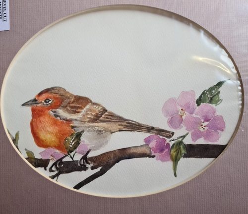 Christine M, Robin in blossom tree, mixed media.